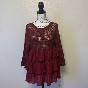 Entro Boho Tunic Burgundy Crochet Ruffle Sweater